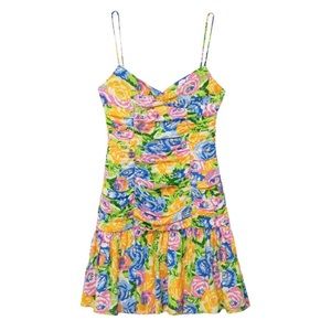 Zara Multicolor Small Floral Print Adjustable Straps Ruched Ruffle Mini Dress